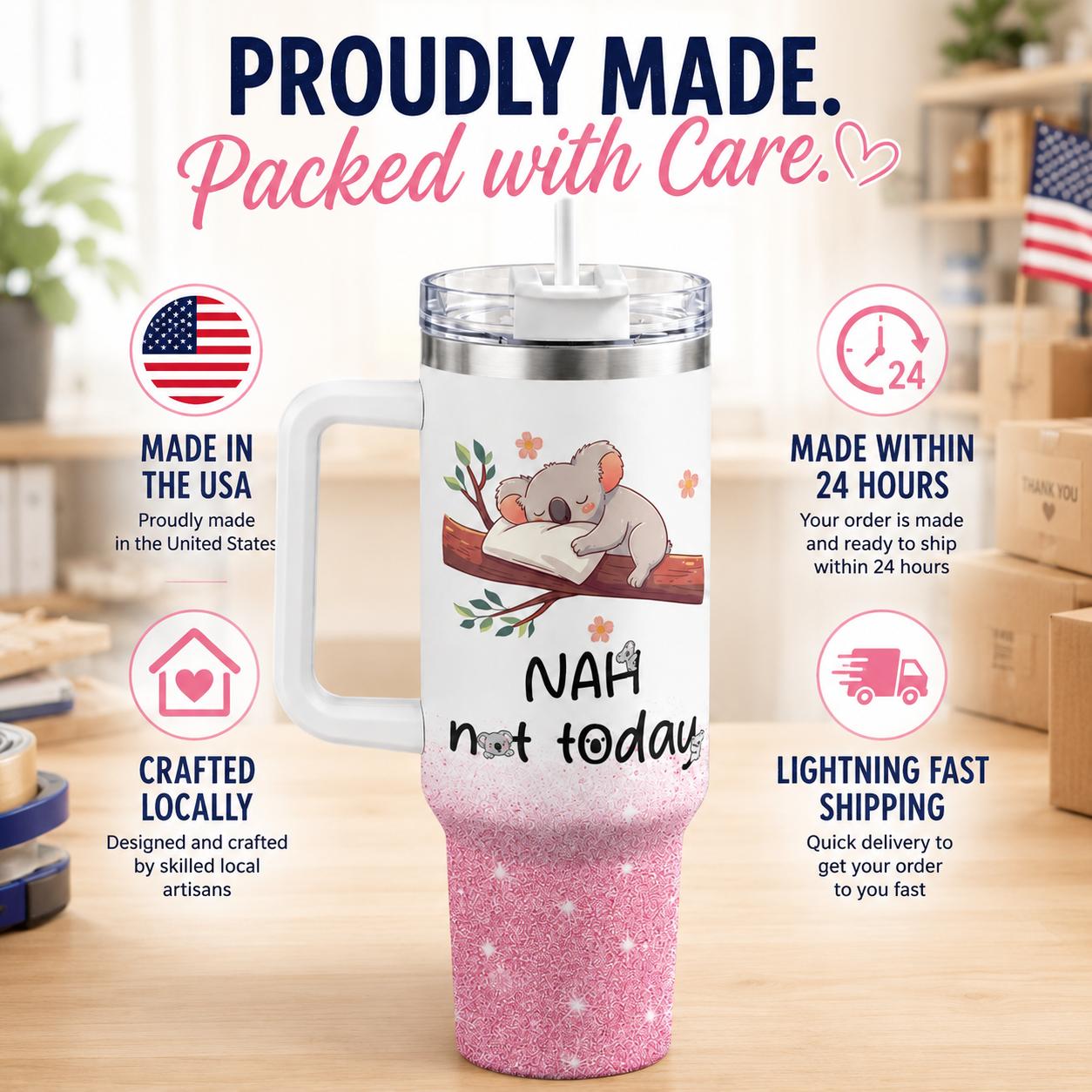 Funny Koala 40oz Stainless Steel Insulated Tumbler with Handle and Straw, Nah Not Today Cute Animal Pink Printed Travel Cup, Gift for Women