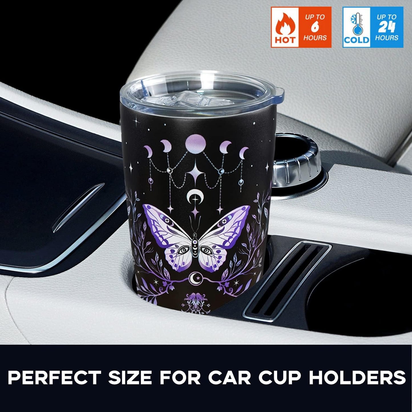 Gothic Butterfly 20oz Stainless Steel Insulated Tumbler with Lid, Purple Moon Phase Celestial Printed Travel Coffee Mug, Halloween Gift for Women Goth Lovers
