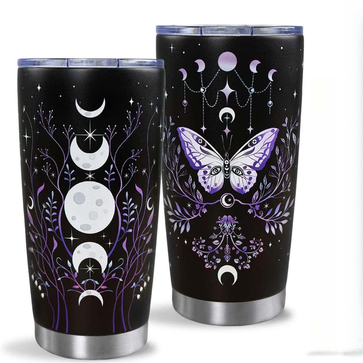 Gothic Butterfly 20oz Stainless Steel Insulated Tumbler with Lid, Purple Moon Phase Celestial Printed Travel Coffee Mug, Halloween Gift for Women Goth Lovers