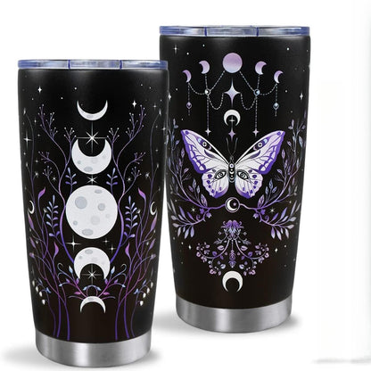 Gothic Butterfly 20oz Stainless Steel Insulated Tumbler with Lid, Purple Moon Phase Celestial Printed Travel Coffee Mug, Halloween Gift for Women Goth Lovers