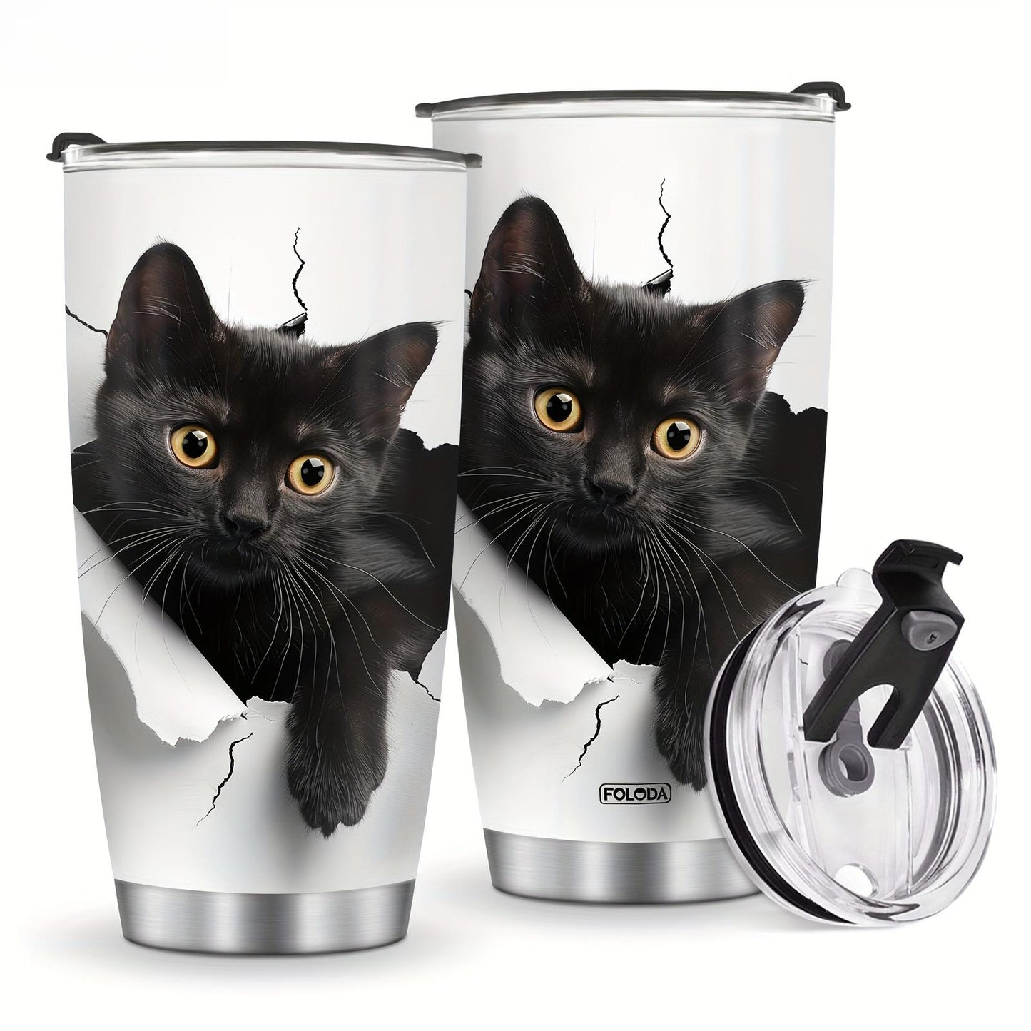 20oz Insulated Stainless Steel Flask - Portable Leakproof Cat Lover Coffee Travel Mug - Funny Kitten Design Iced Tea Drinkware - Christmas Birthday Gift for Mom, Flasks