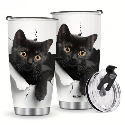 20oz Insulated Stainless Steel Flask - Portable Leakproof Cat Lover Coffee Travel Mug - Funny Kitten Design Iced Tea Drinkware - Christmas Birthday Gift for Mom, Flasks