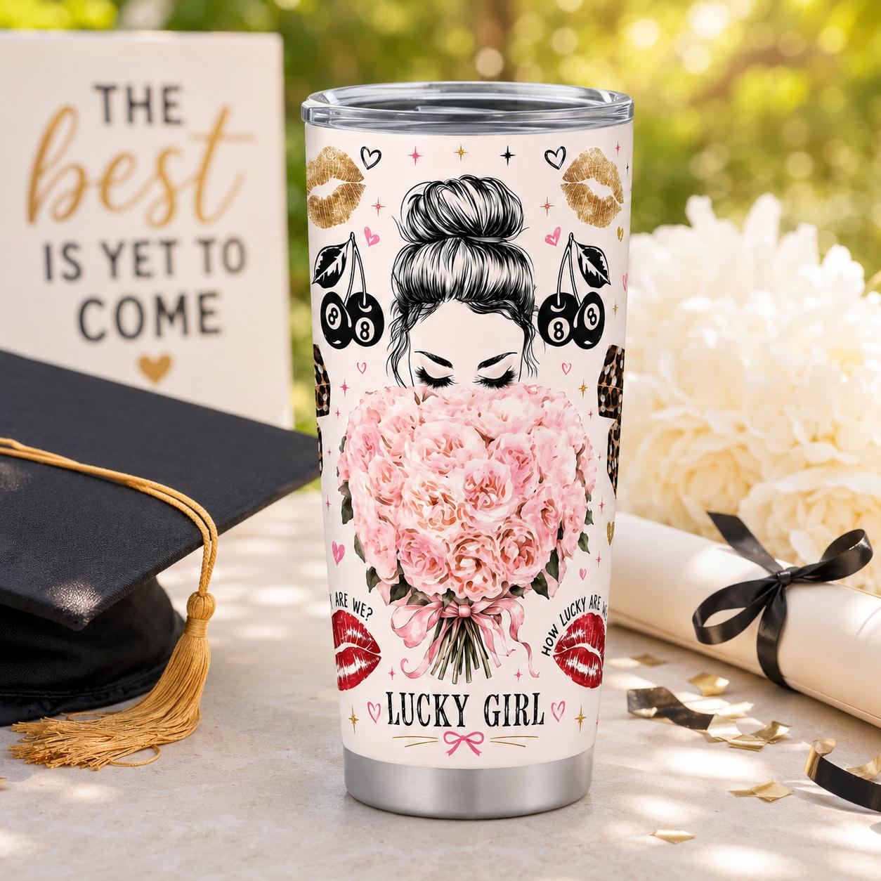 Stylish Portable Stainless Steel Insulated Tumbler Flasks (20oz, 40oz) with Lid, Pink Floral Leopard Lips & Lucky Charm Print, Travel Coffee Mug Gift for Women