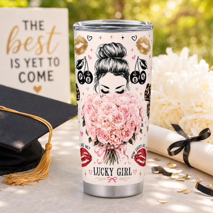 Stylish Portable Stainless Steel Insulated Tumbler Flasks (20oz, 40oz) with Lid, Pink Floral Leopard Lips & Lucky Charm Print, Travel Coffee Mug Gift for Women