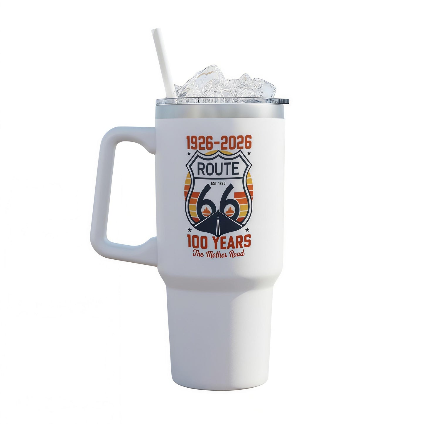 Route 66 1926-2026 100-Year Centennial Aesthetic Stainless Steel Flask, 40oz Reusable Tumbler with Handle, Vintage Shield Lid & Straw, Retro Drinkware for Road Trip Lovers