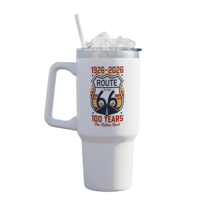 Route 66 1926-2026 100-Year Centennial Aesthetic Stainless Steel Flask, 40oz Reusable Tumbler with Handle, Vintage Shield Lid & Straw, Retro Drinkware for Road Trip Lovers
