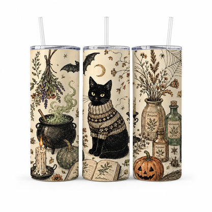 Black Cat Halloween 20oz Skinny Tumbler with Straw, Witchy Botanical Stainless Steel Insulated Travel Cup, Spooky Cottagecore Gift for Women