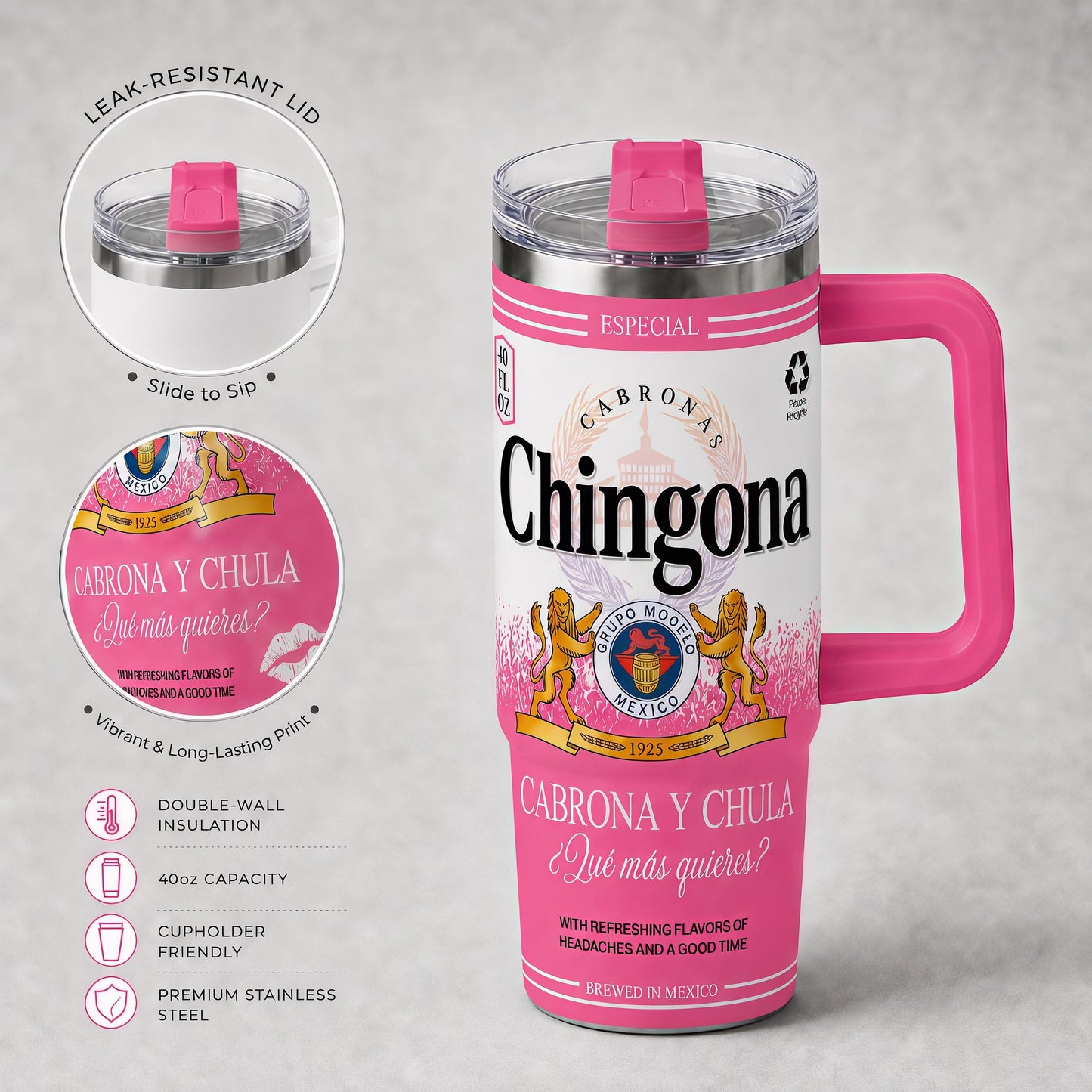 40oz Pink Mexican Style Vacuum Insulated Stainless Steel Flask - Model0 Inspired, Chingona & Cabrona y Chula Design, Portable Coffee Water Bottle with Lid, Ideal for Cold Drinks & Outdoor Use, Flasks, Water Bottles