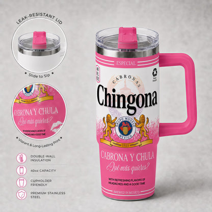 40oz Pink Mexican Style Vacuum Insulated Stainless Steel Flask - Model0 Inspired, Chingona & Cabrona y Chula Design, Portable Coffee Water Bottle with Lid, Ideal for Cold Drinks & Outdoor Use, Flasks, Water Bottles