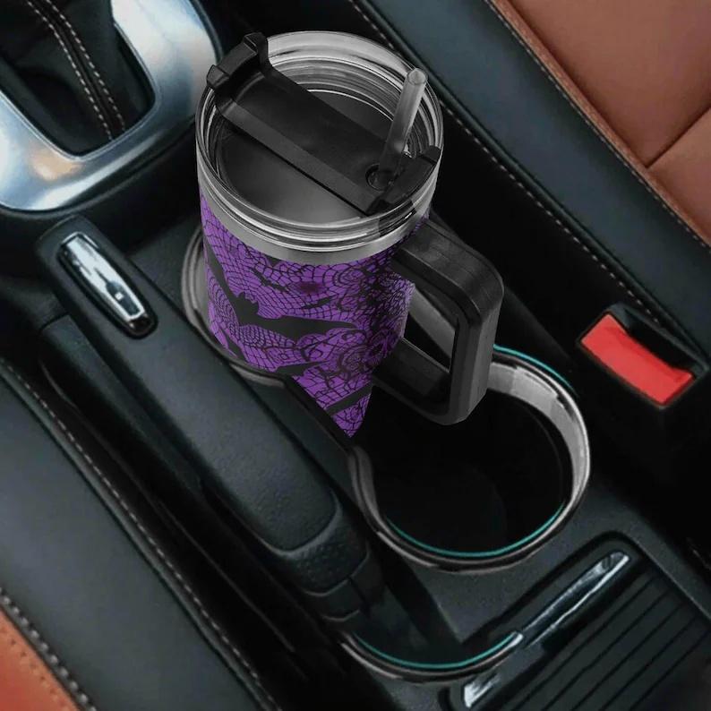 40oz Double-Wall Stainless Steel Insulated Reusable Flask - Aesthetic Dark Purple Lace Bat Gothic Halloween 2D Print Travel Coffee Cup with Handle, Straw, Lid, Women's Gift