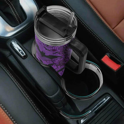 40oz Double-Wall Stainless Steel Insulated Reusable Flask - Aesthetic Dark Purple Lace Bat Gothic Halloween 2D Print Travel Coffee Cup with Handle, Straw, Lid, Women's Gift