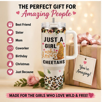 Cheetah Lover 40oz Stainless Steel Insulated Tumbler with Handle and Straw, Leopard Print Heart Tropical Leaf Printed Travel Cup, Gift for Women