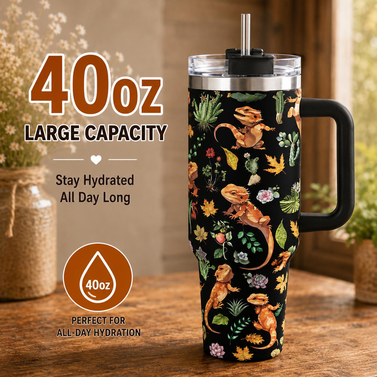 Cute Lizard 40oz Stainless Steel Insulated Tumbler with Handle and Straw, Funny Animal Plant Cactus Printed Travel Cup, Gift for Pet Lovers