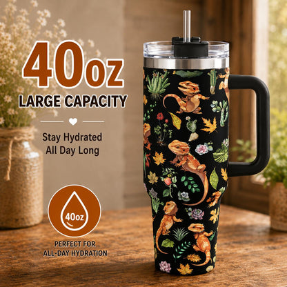 Cute Lizard 40oz Stainless Steel Insulated Tumbler with Handle and Straw, Funny Animal Plant Cactus Printed Travel Cup, Gift for Pet Lovers