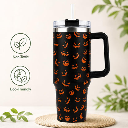 Halloween Pumpkin Face 40oz Stainless Steel Insulated Tumbler with Handle and Straw, Black Orange Jack O Lantern Printed Travel Cup, Spooky Gift