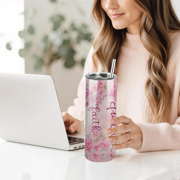 Christian Faith 20oz Skinny Tumbler with Straw, Pink Floral Scripture Stainless Steel Insulated Cup, God Says You Are Gift for Women