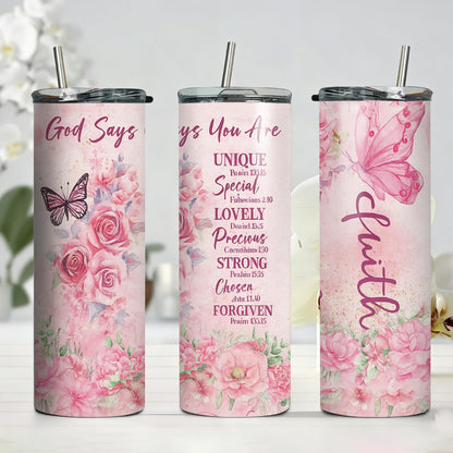 Christian Faith 20oz Skinny Tumbler with Straw, Pink Floral Scripture Stainless Steel Insulated Cup, God Says You Are Gift for Women