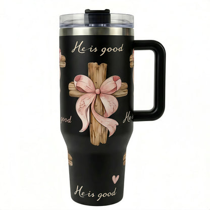 40oz Christian Faith Insulated Mug with Handle and Straw Lid, He Is Good Cross Print, Double Wall Vacuum Thermal Mug for Hot and Cold Drinks, Large Capacity Car Travel Mug, Coffee Thermal Cup, Ideal Gift for Believers