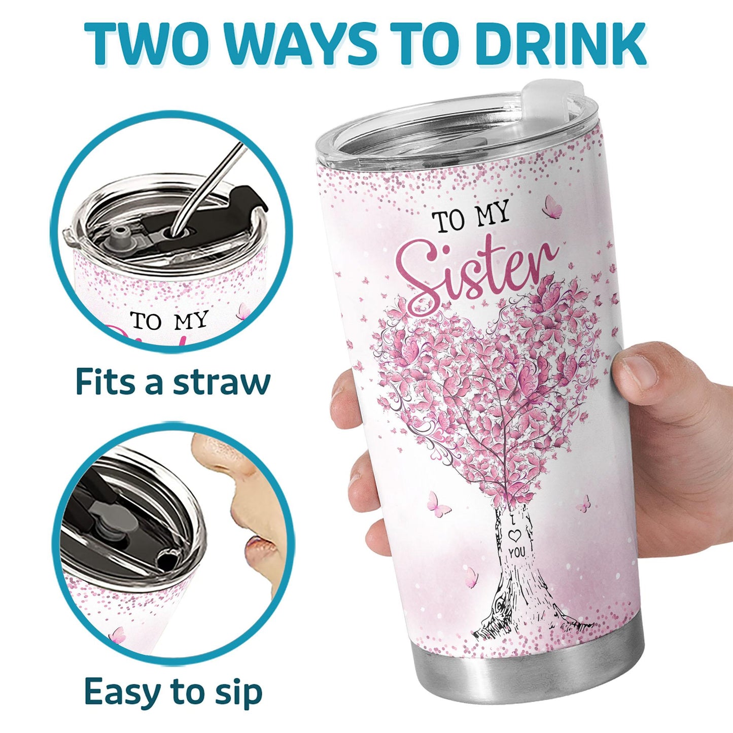 20oz Insulated Leakproof Portable Flask - Gift for My Sister, Heart Tree & Pink Butterflies Design Coffee Cup with Sentimental Quote for Birthday, Christmas
