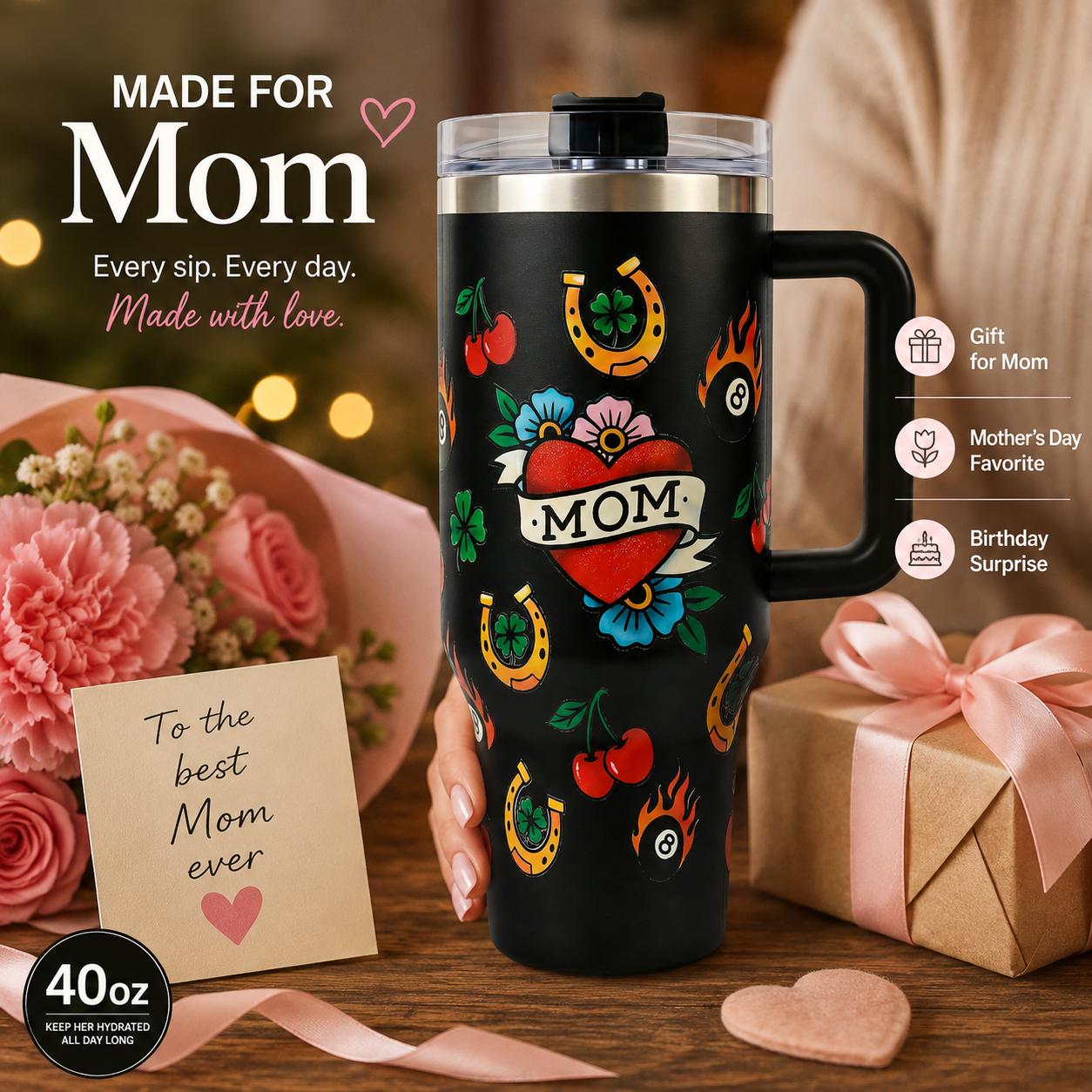 Aesthetic Mom Heart Tattoo 40oz Portable Reusable Coffee Flask With Handle - Vacuum Insulated, Keeps Hot 12 Hrs/Cold 24 Hrs - Unique Mother's Day Gift, Flasks, Insulation
