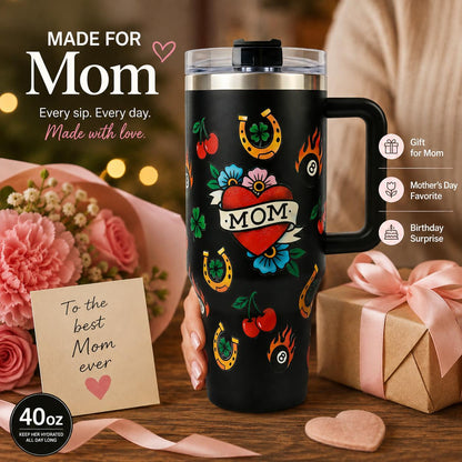 Aesthetic Mom Heart Tattoo 40oz Portable Reusable Coffee Flask With Handle - Vacuum Insulated, Keeps Hot 12 Hrs/Cold 24 Hrs - Unique Mother's Day Gift, Flasks, Insulation