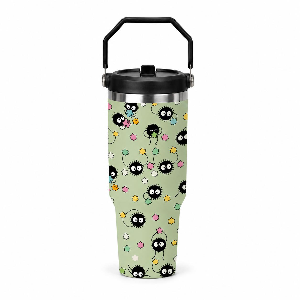 Cute Japanese Cartoon Sprite 30oz Stainless Steel Travel Cup with Handle and Straw, Kawaii Star Candy Pattern Coffee Tumbler for Office, School and Road Trips, Cup Holder Friendly Daily Water Drinkware for Car