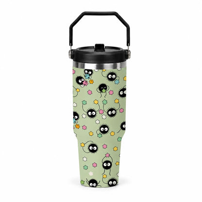 Cute Japanese Cartoon Sprite 30oz Stainless Steel Travel Cup with Handle and Straw, Kawaii Star Candy Pattern Coffee Tumbler for Office, School and Road Trips, Cup Holder Friendly Daily Water Drinkware for Car