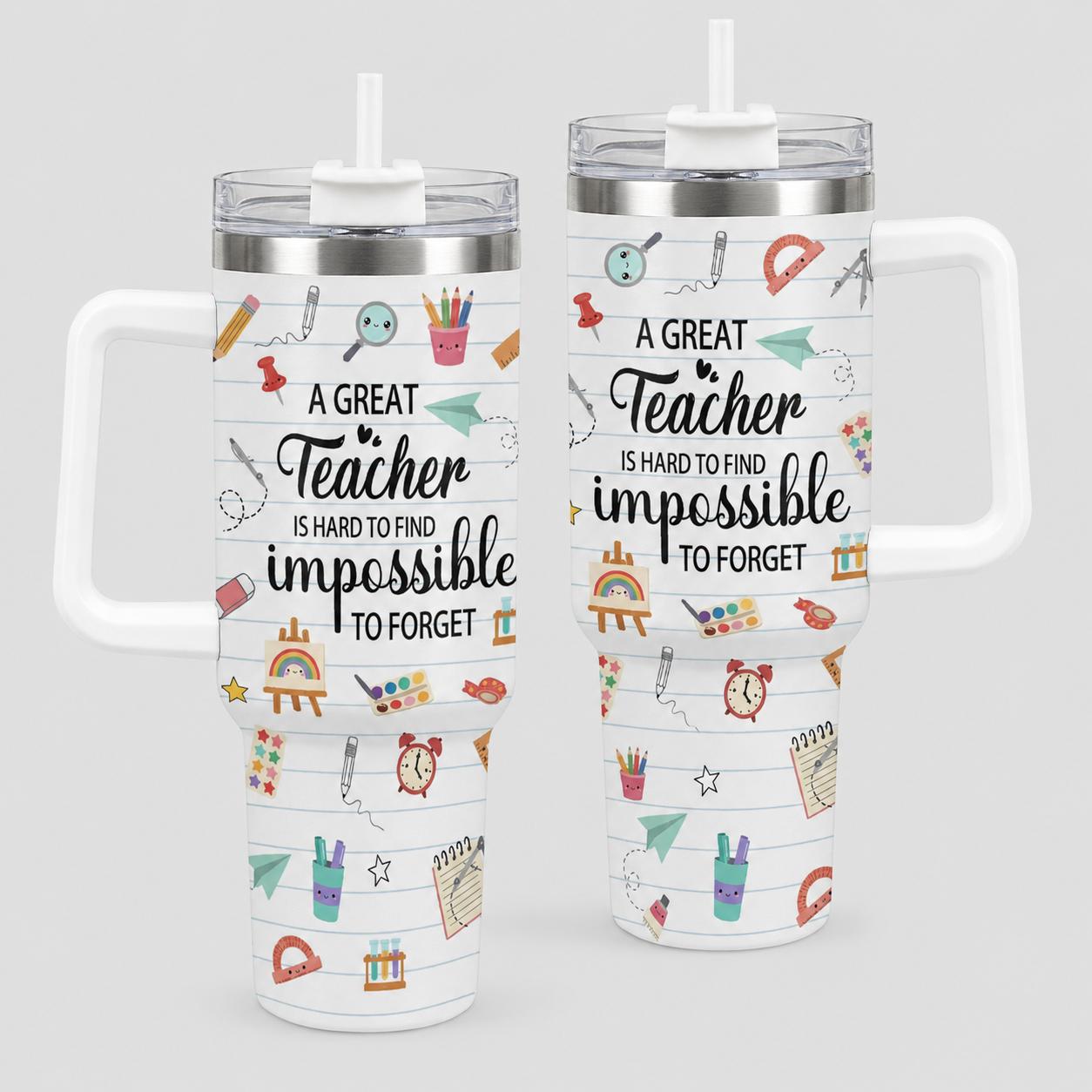 A Great Teacher 40oz Stainless Steel Insulated Tumbler with Handle and Straw, School Supplies Teacher Appreciation Printed Travel Cup, Gift for Teachers