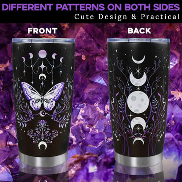 Gothic Butterfly 20oz Stainless Steel Insulated Tumbler with Lid, Purple Moon Phase Celestial Printed Travel Coffee Mug, Halloween Gift for Women Goth Lovers