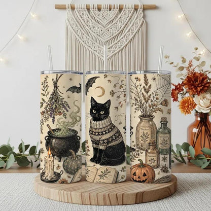 Black Cat Halloween 20oz Skinny Tumbler with Straw, Witchy Botanical Stainless Steel Insulated Travel Cup, Spooky Cottagecore Gift for Women