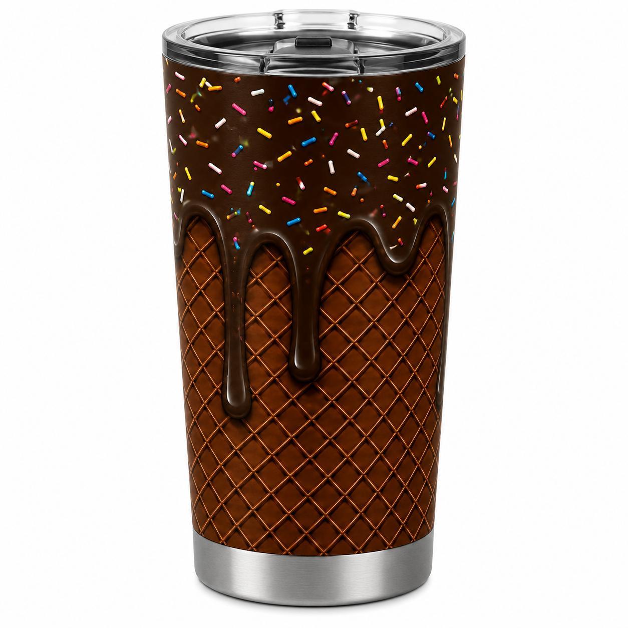 20oz Stainless Steel Insulated Ice Cream Cone 2D Printed Flask with Lid, Stylish Portable Cute Blue Frosting Sprinkle Leakproof Travel Mug, Hot-Cold Drinkware Gift for Women, Flasks