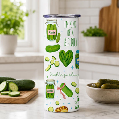 20oz Straight Stainless Steel Double Wall Insulated Travel Tumbler, Funny Printed Pickle Lover Skinny Cup with Straw, Everyday Kitchenware Gift for Women Friends