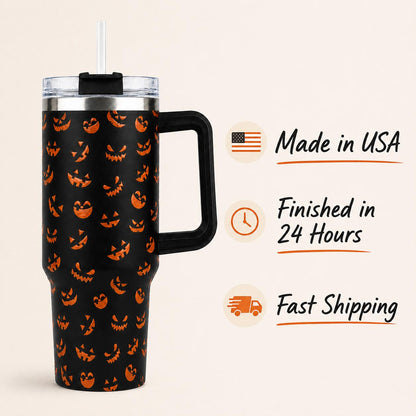 Halloween Pumpkin Face 40oz Stainless Steel Insulated Tumbler with Handle and Straw, Black Orange Jack O Lantern Printed Travel Cup, Spooky Gift