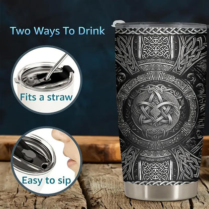 20oz Viking-Themed Stainless Steel Tumbler - Double-Wall Insulated Portable Coffee Flask, Wolf & Celtic Knot Design, Hot/Cold Iced Tea Bottle - Reusable Hand-Wash Only Gift for Men (Birthday, Christmas), Flasks
