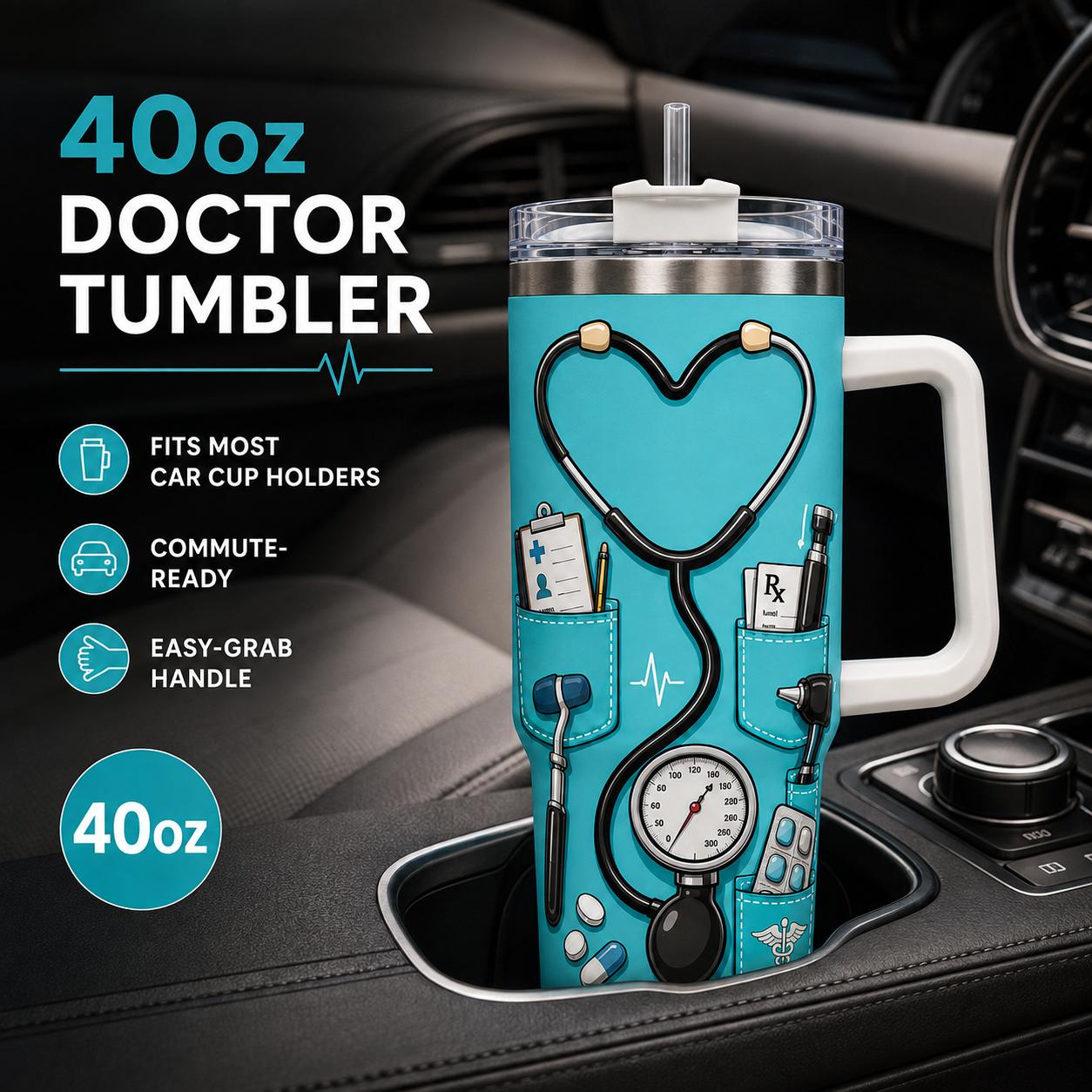 Doctor 40oz Stainless Steel Insulated Tumbler with Handle and Straw, Stethoscope Medical Tools Nutrition Facts Printed Travel Cup, Gift for Doctors