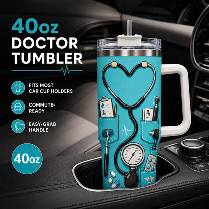 Doctor 40oz Stainless Steel Insulated Tumbler with Handle and Straw, Stethoscope Medical Tools Nutrition Facts Printed Travel Cup, Gift for Doctors