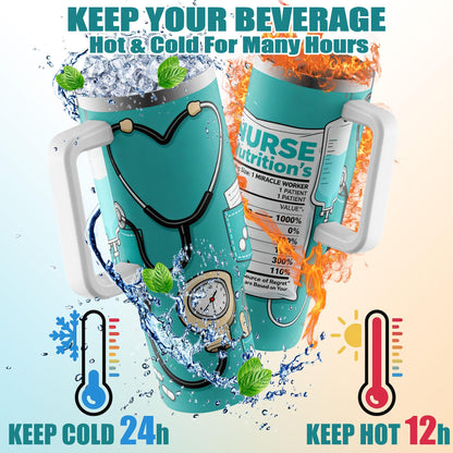 Nurses Week Gift 40oz Insulated Stainless Steel Tumbler with Handle and Straw, Nurse Nutrition Facts Water Tumbler, Graduation Gift for New Nurses and Nursing Students, Hospital Shift Essential Travel Cup
