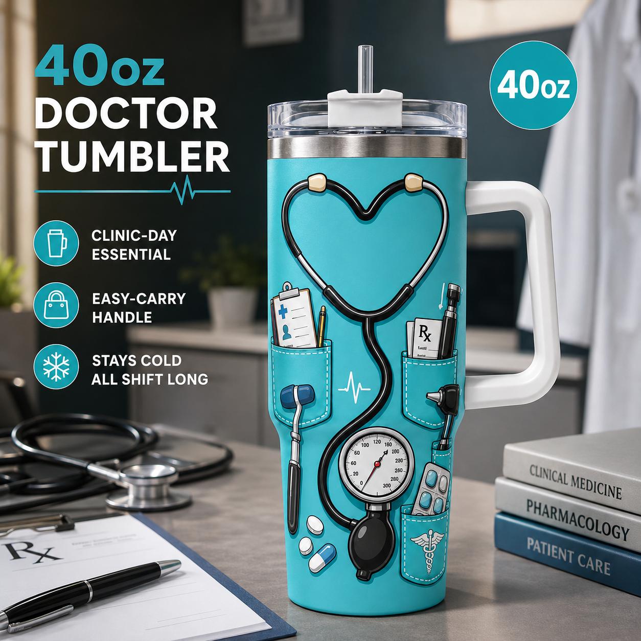 Doctor 40oz Stainless Steel Insulated Tumbler with Handle and Straw, Stethoscope Medical Tools Nutrition Facts Printed Travel Cup, Gift for Doctors
