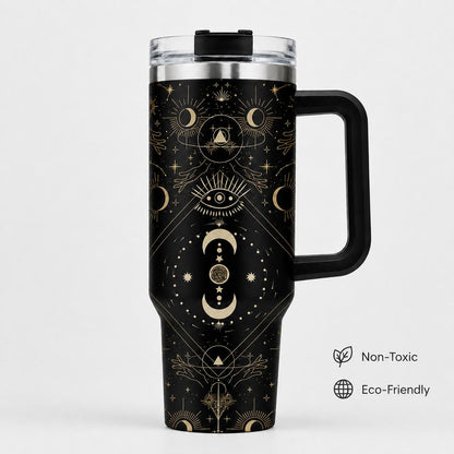Witchy Moon 40oz Stainless Steel Insulated Tumbler with Handle and Straw, Celestial Sun Star Eye 2D Printed Travel Cup, Gift for Moon Lovers