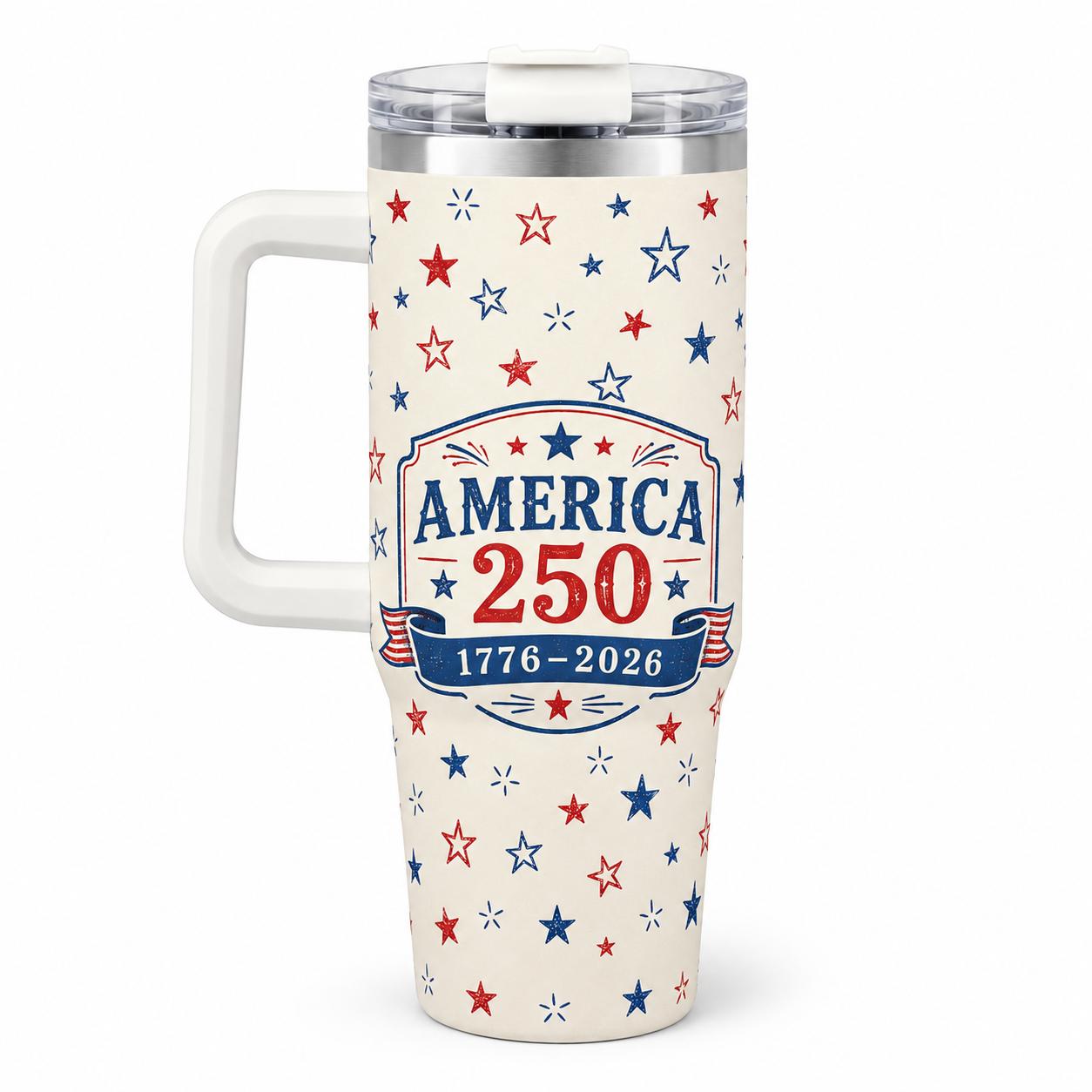 America 250 Retro 40 oz Insulated Stainless Steel Flask with Handle, Straw, Lid & Reusable Aesthetic Vintage 1776-2026 Patriotic Star Pattern Travel Mug, Car Cup Holder Friendly for 4th of July, Flasks, Insulation