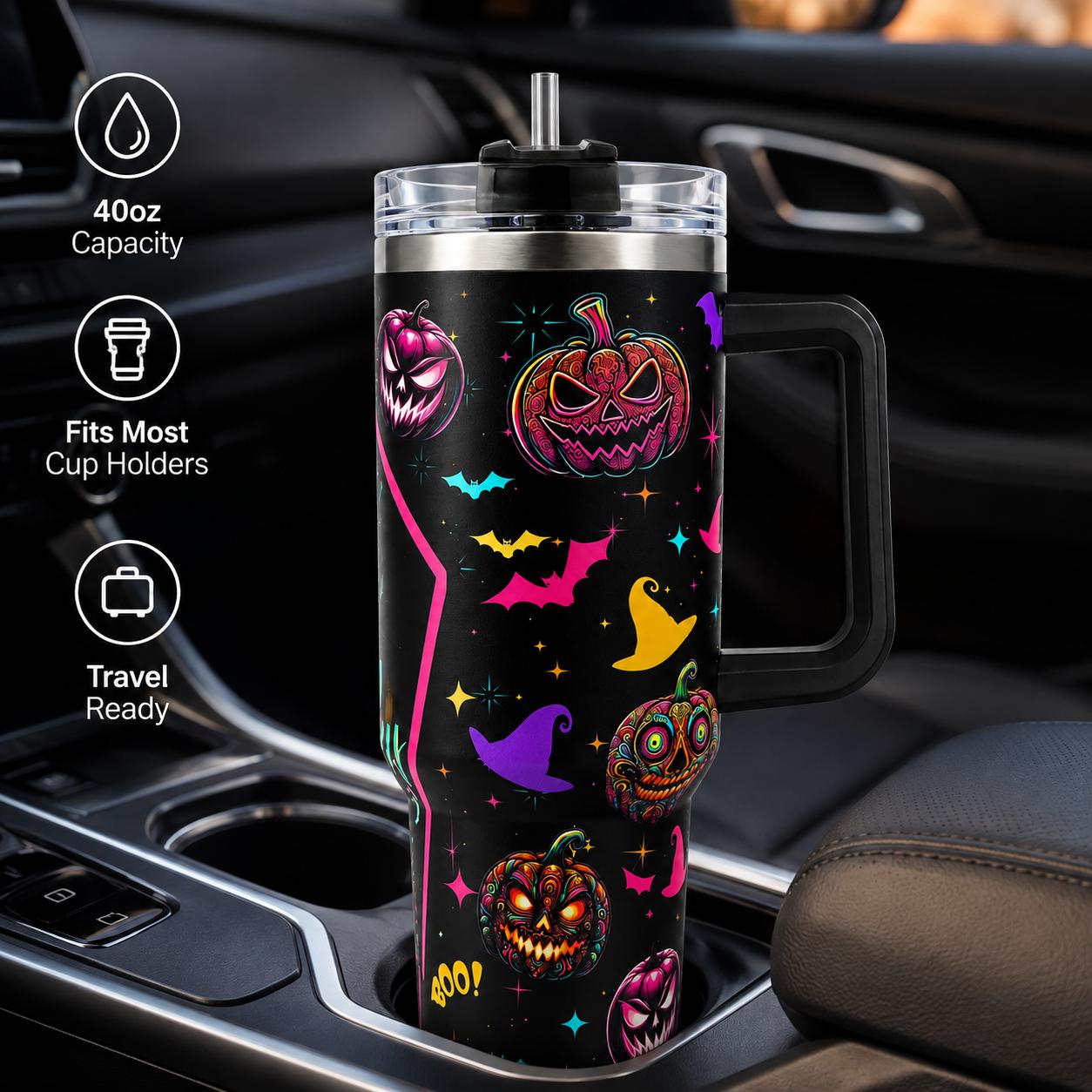 40oz Stainless Steel Insulated Halloween Pumpkin Tumbler with Handle, Straw, Lid, Aesthetic Spooky Bat Witch Hat Prints - Coffee Flask with Strong Insulation, Halloween Gift for Women