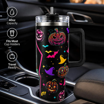40oz Stainless Steel Insulated Halloween Pumpkin Tumbler with Handle, Straw, Lid, Aesthetic Spooky Bat Witch Hat Prints - Coffee Flask with Strong Insulation, Halloween Gift for Women