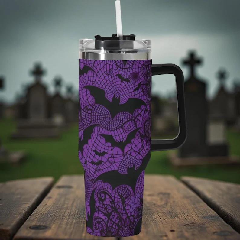 40oz Double-Wall Stainless Steel Insulated Reusable Flask - Aesthetic Dark Purple Lace Bat Gothic Halloween 2D Print Travel Coffee Cup with Handle, Straw, Lid, Women's Gift
