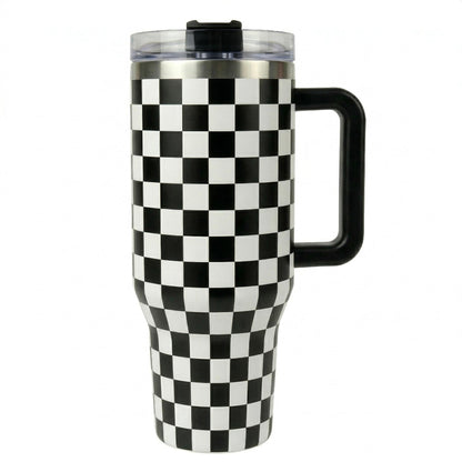 Classic Checkerboard 40oz Cup With Handle - Trendy Black And White Tumbler - Unique Father's Day Gift For Dad