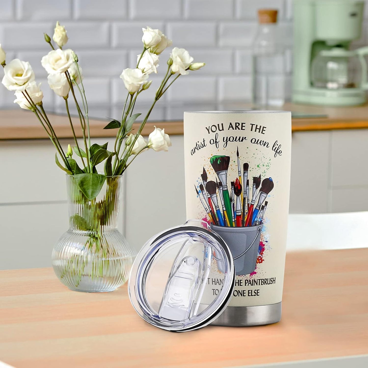 Artist 20oz Stainless Steel Insulated Tumbler with Lid, Paintbrush Palette Art Supplies Printed Travel Coffee Mug, Gift for Women Art Teachers Painters