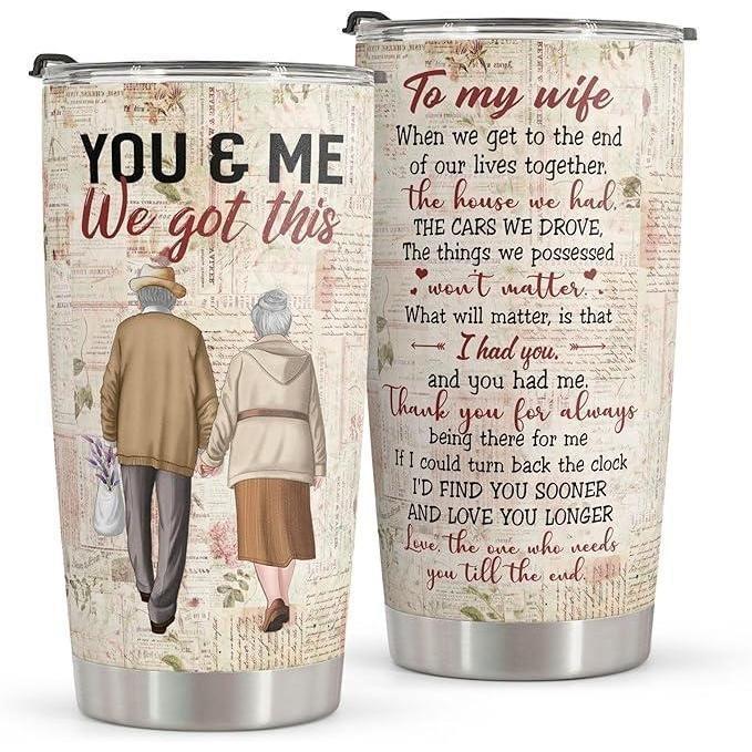 20oz Stainless Steel Travel Tumbler - Vacuum Insulated Coffee Flask, Portable Stainless Steel Drinkware, Anniversary Gift for Spouse, The Day I Met You Poem, Romantic Pinky Promise Design, Soulmate Love Quote Cup, Rustic Faux Leather Accent, Flasks, Doubl