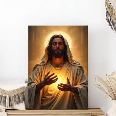 Sacred Heart Jesus portrait with a golden halo Canvas Wall Art – Christian & Faith Decor