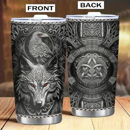 20oz Viking-Themed Stainless Steel Tumbler - Double-Wall Insulated Portable Coffee Flask, Wolf & Celtic Knot Design, Hot/Cold Iced Tea Bottle - Reusable Hand-Wash Only Gift for Men (Birthday, Christmas), Flasks