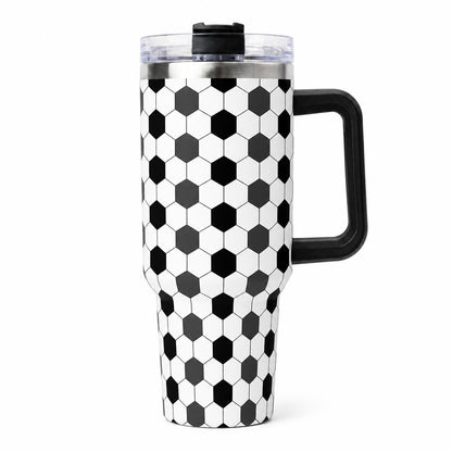 Soccer Practice and Game Day 40oz Insulated Water Tumbler with Handle, Black and White Sports Pattern Stainless Steel Travel Cup, Cup Holder Friendly All-Day Hydration Cup for Sideline