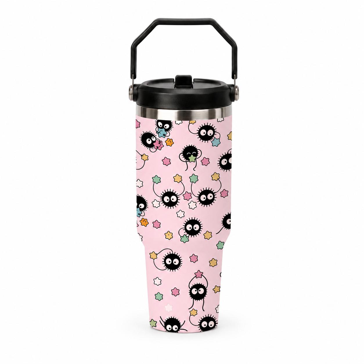 Cute Japanese Cartoon Sprite 30oz Stainless Steel Travel Cup with Handle and Straw, Kawaii Star Candy Pattern Coffee Tumbler for Office, School and Road Trips, Cup Holder Friendly Daily Water Drinkware for Car